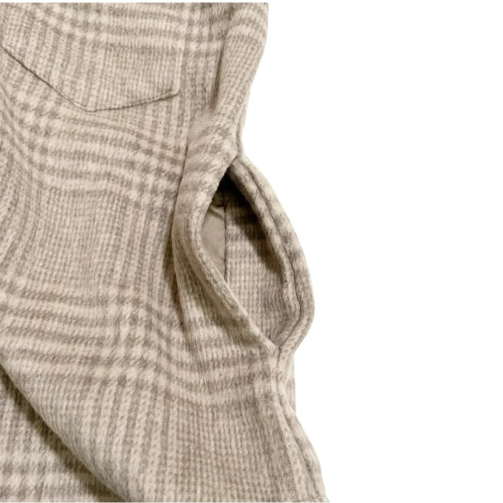 JOIE Plaid Thick Flannel Button-Up Fleece Oversized Shacket in Tan/Cream Size M